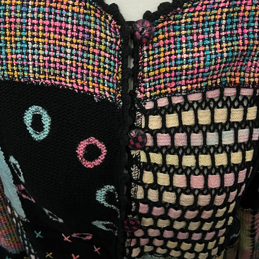 Vintage 80's Cotton Silk Patchwork Cardigan Sweater Black Multi Art to Wear M - Picture 3 of 10